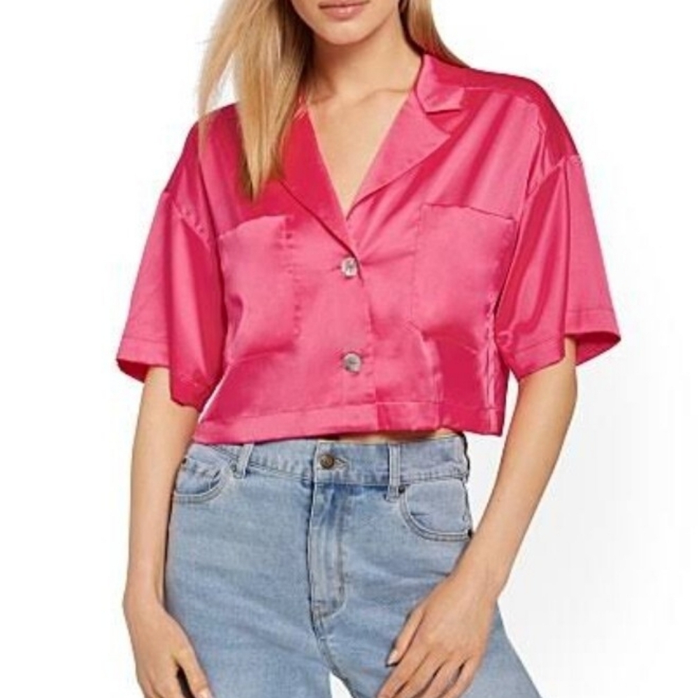 Zara Pink Satin Button-Down Crop Boxy Top Size M